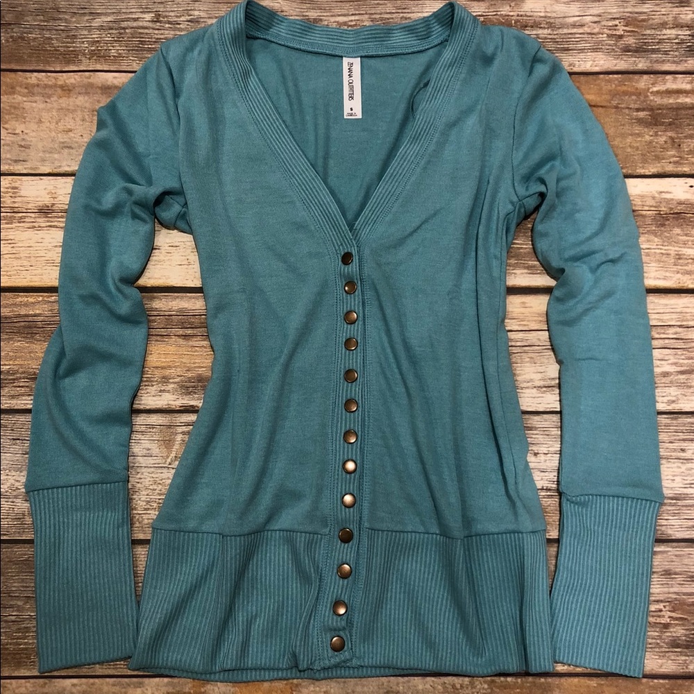 Brand New Snap-Button Cardigan Sweater Top In Aqua - Picture 1 of 5